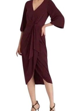 Ralph Lauren Women’s Burgundy Faux-Wrap V-Neck Tie Stretch Midi Dress Sz 12~NWT